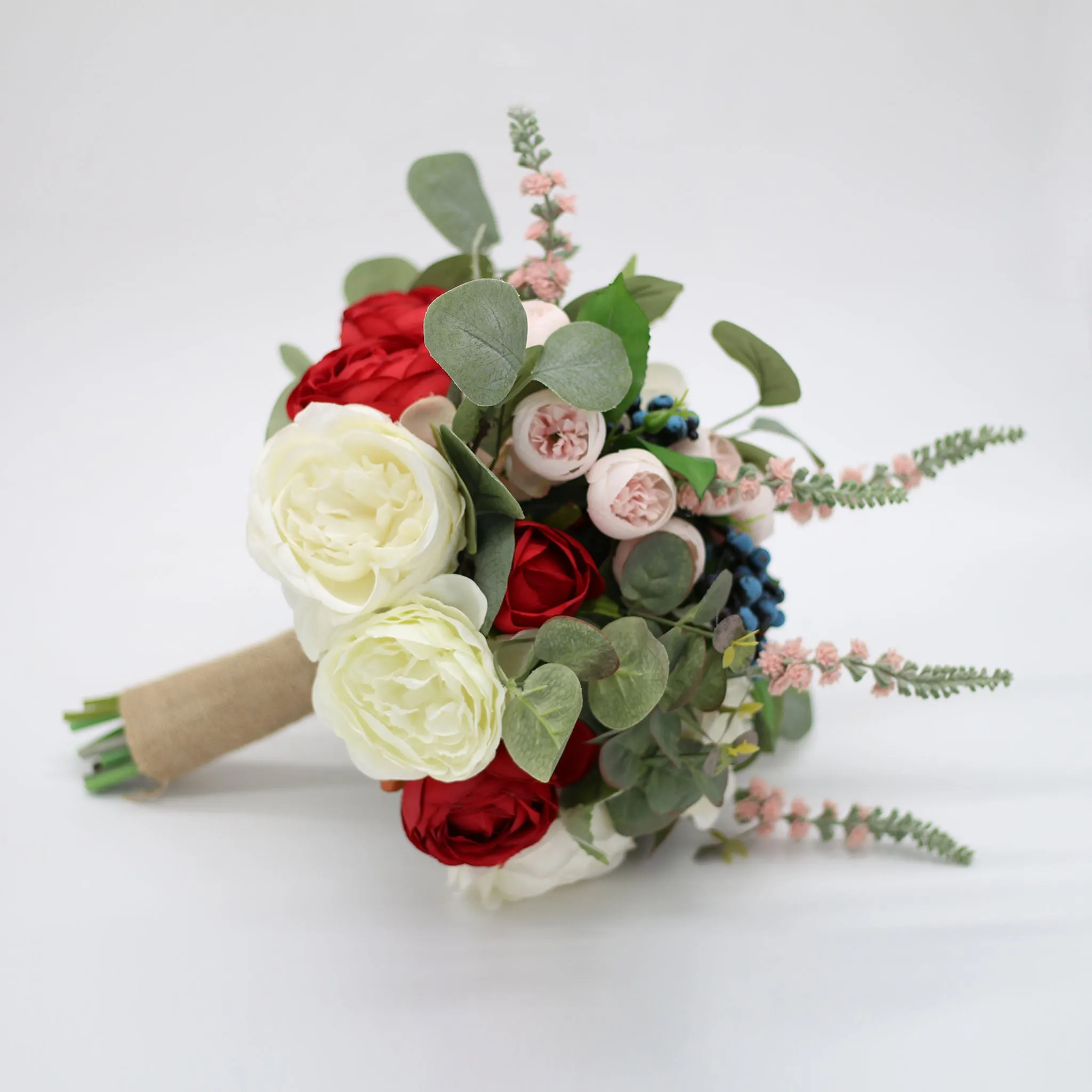 Rustic Wedding Bouquet Red White Roses Peony Artificial Bridal Bouquet