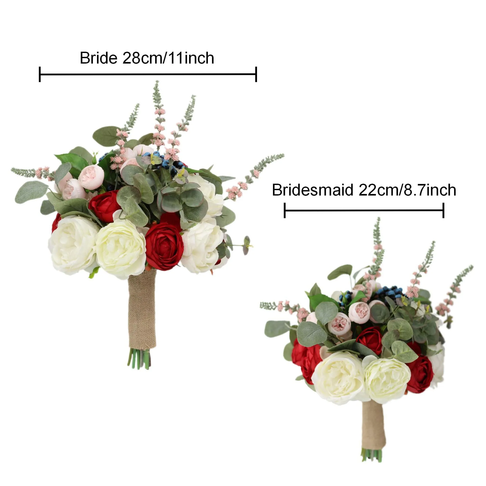 Rustic Wedding Bouquet Red White Roses Peony Artificial Bridal Bouquet