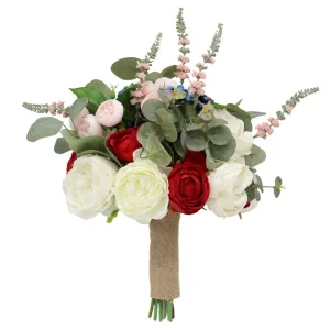 Rustic Wedding Bouquet Red White Roses Peony Artificial Bridal Bouquet