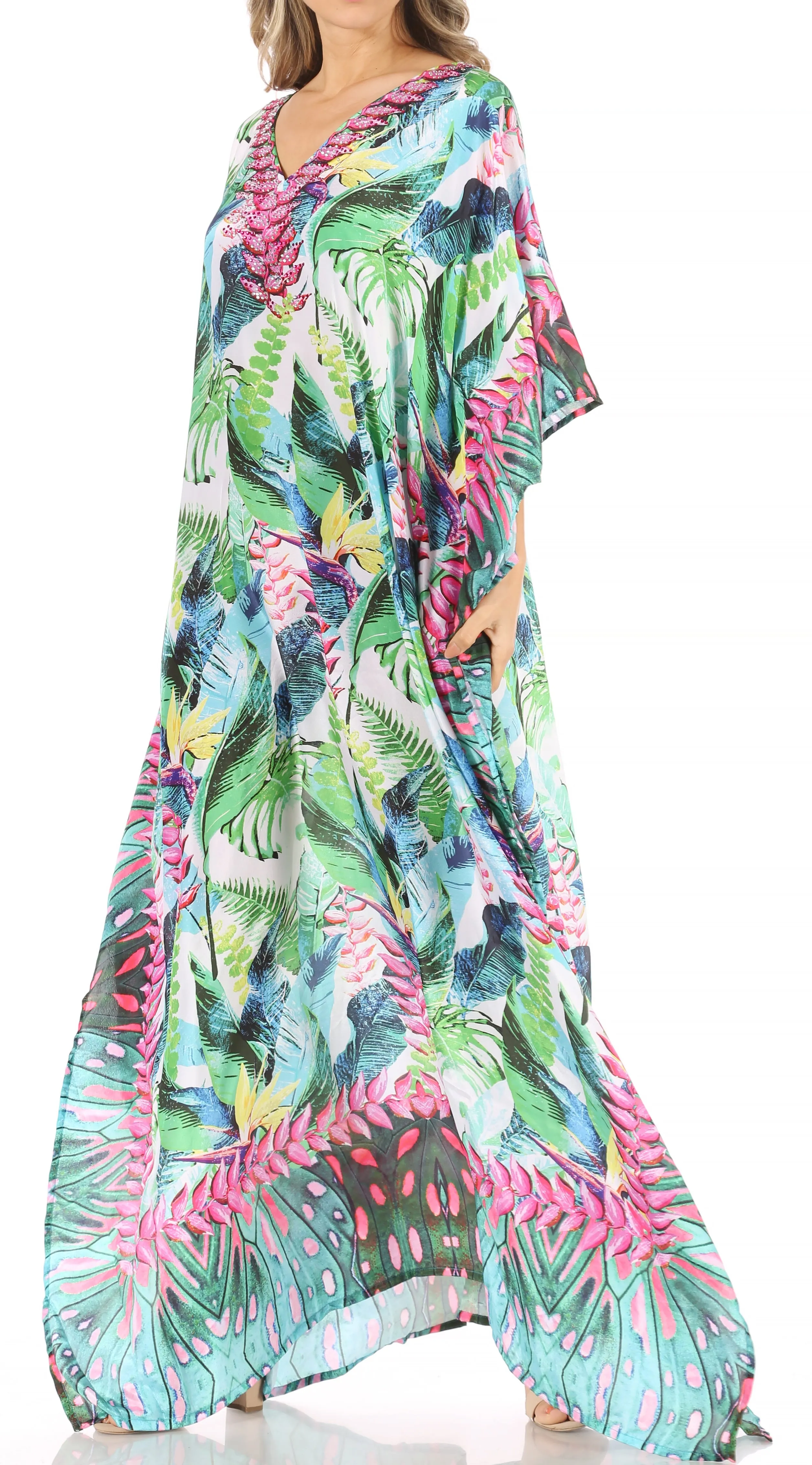 Sakkas Anahi Flowy Design V Neck Long Caftan Dress / Cover Up With Rhinestone
