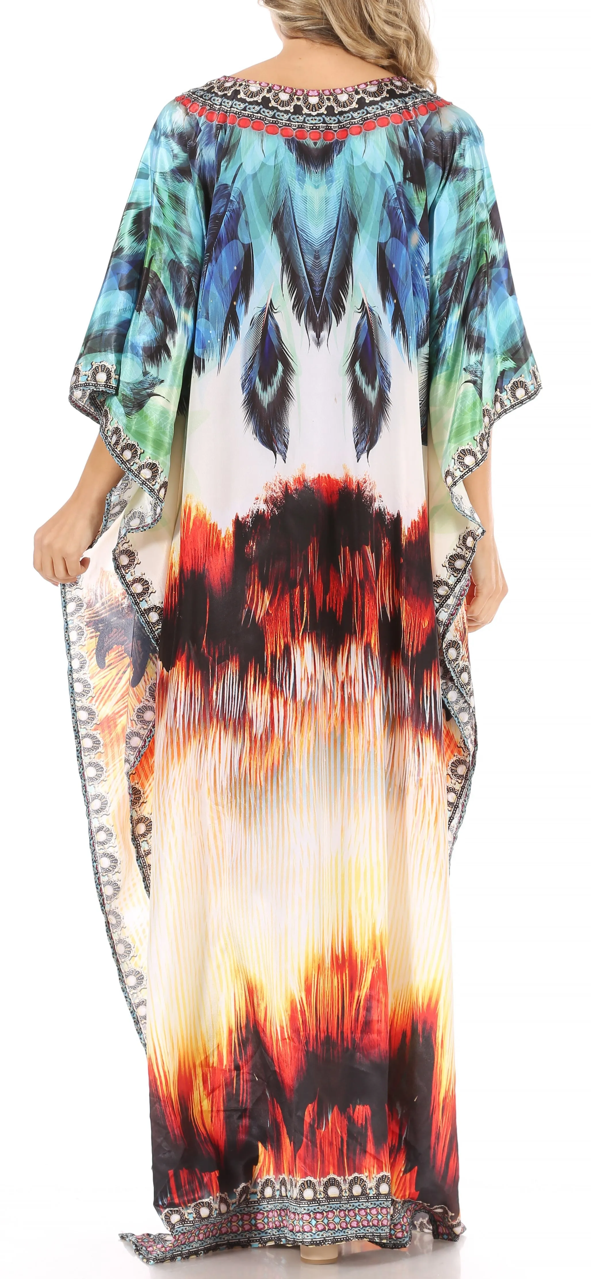 Sakkas Anahi Flowy Design V Neck Long Caftan Dress / Cover Up With Rhinestone