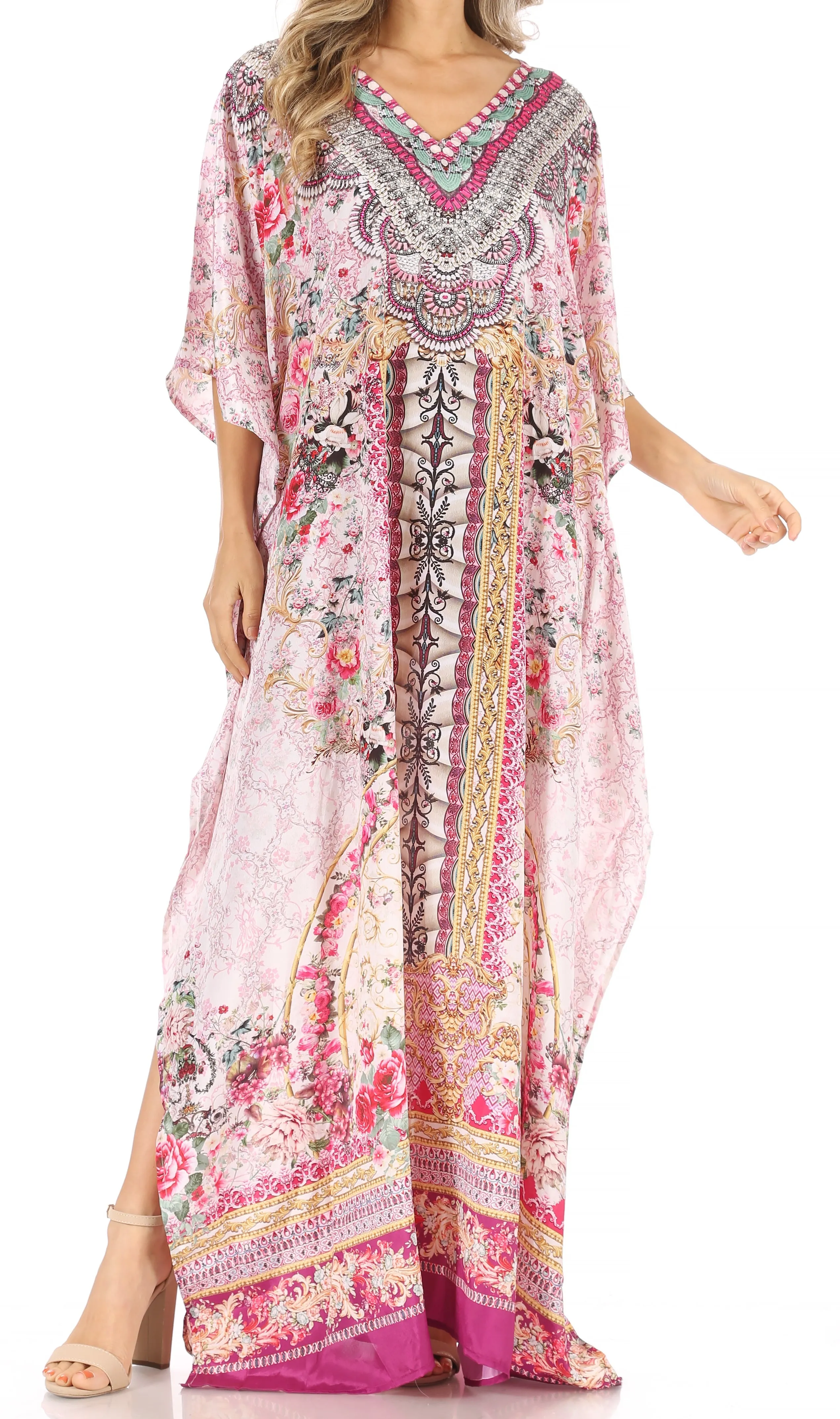 Sakkas Anahi Flowy Design V Neck Long Caftan Dress / Cover Up With Rhinestone