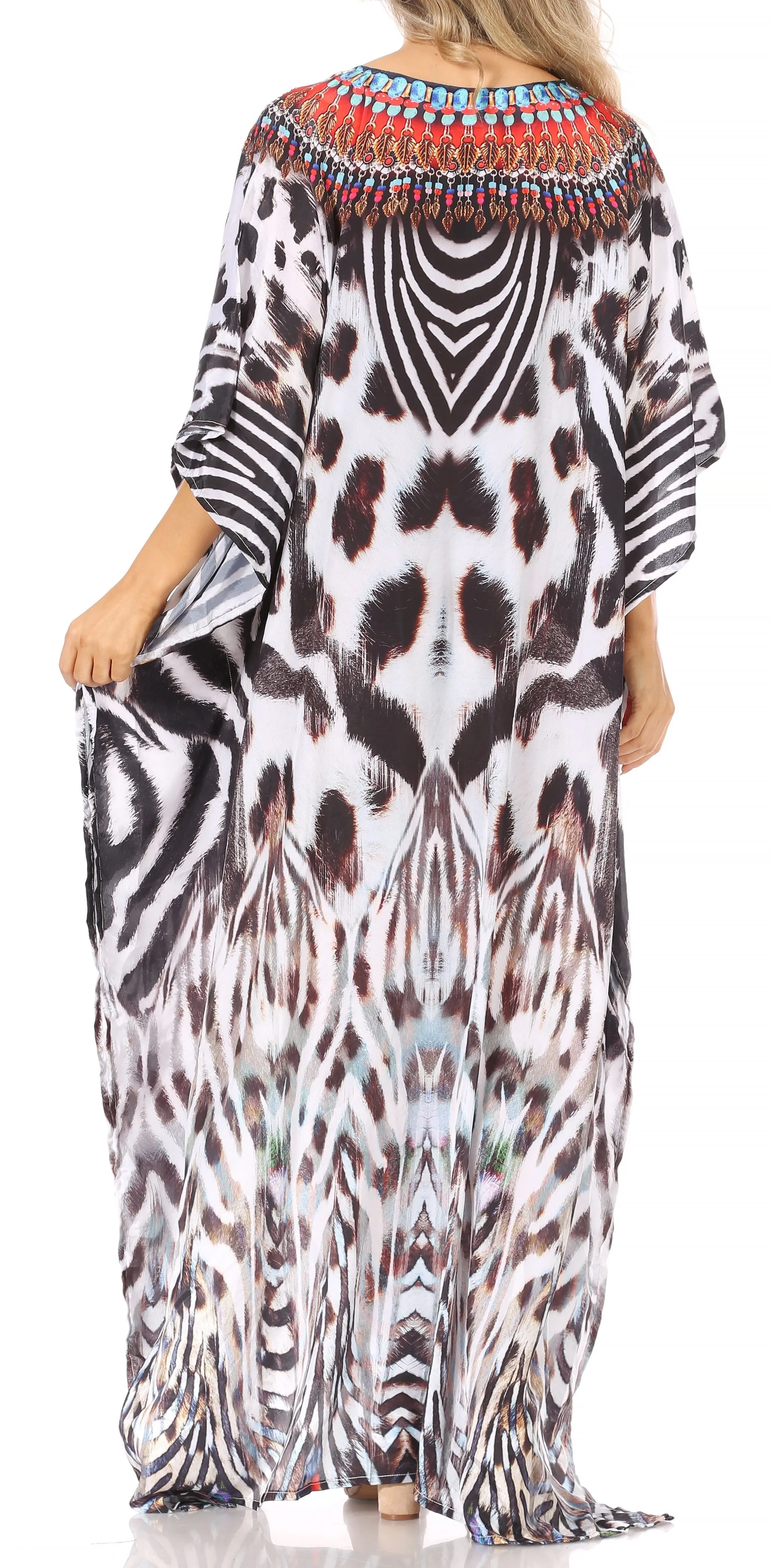 Sakkas Anahi Flowy Design V Neck Long Caftan Dress / Cover Up With Rhinestone