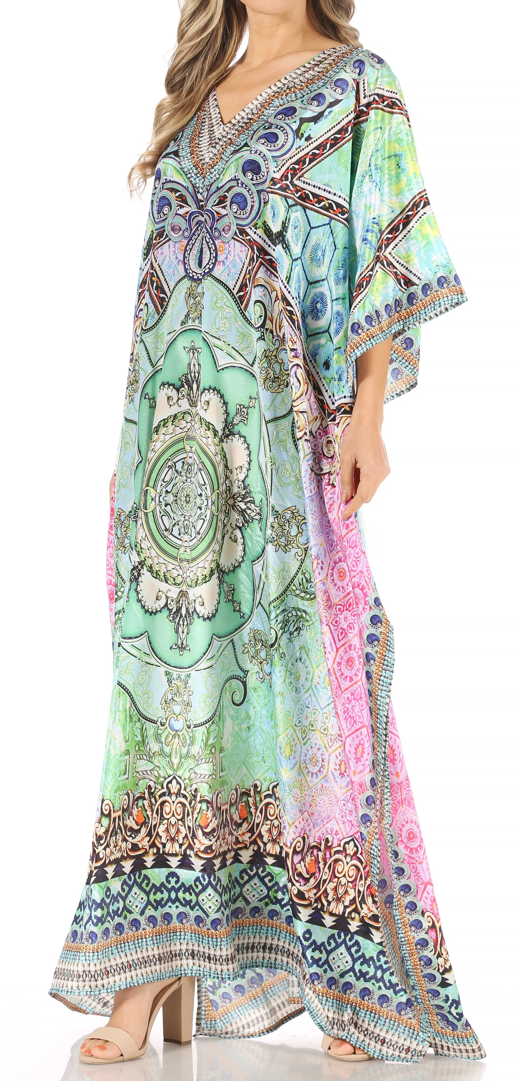 Sakkas Anahi Flowy Design V Neck Long Caftan Dress / Cover Up With Rhinestone