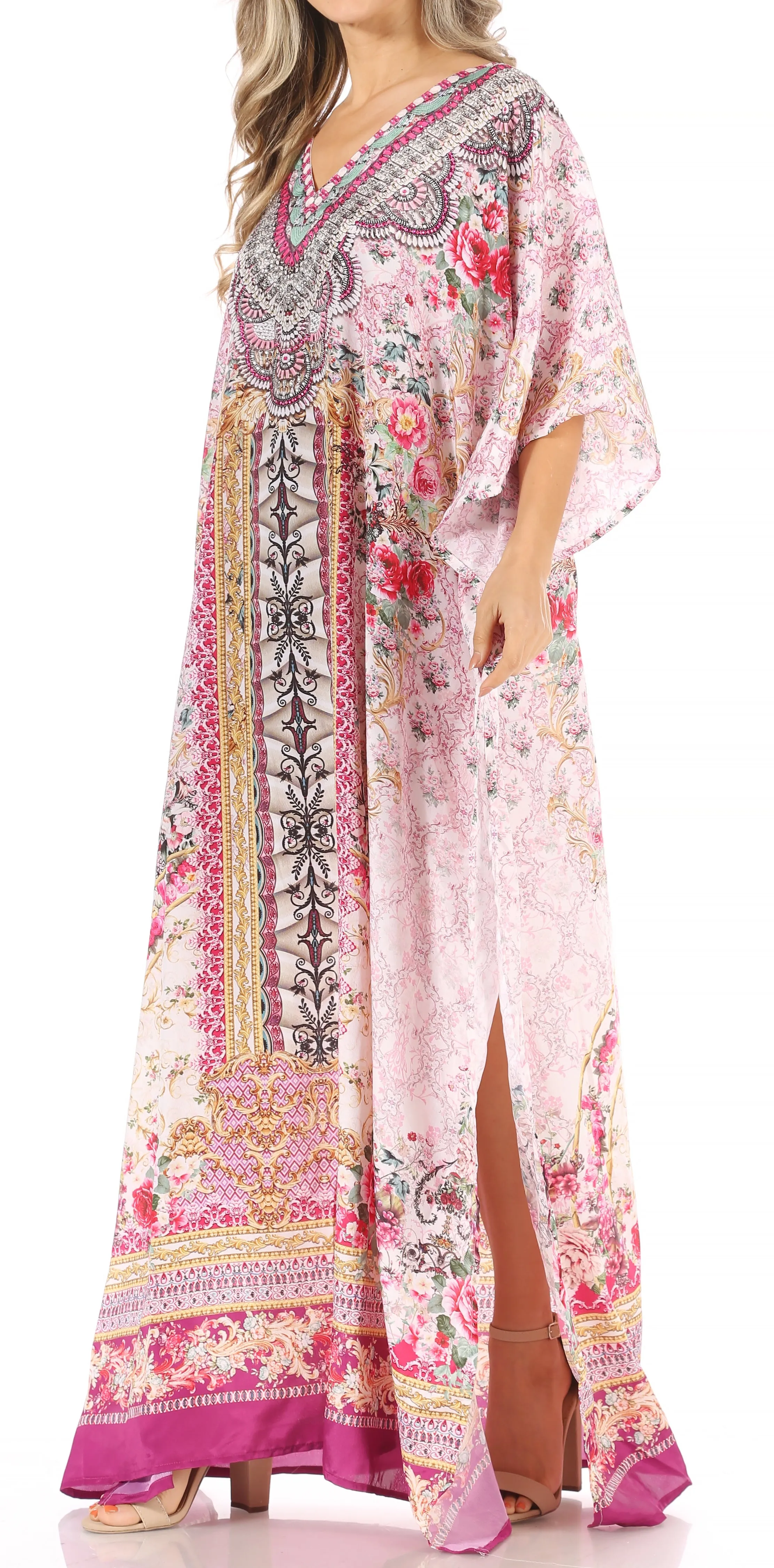 Sakkas Anahi Flowy Design V Neck Long Caftan Dress / Cover Up With Rhinestone