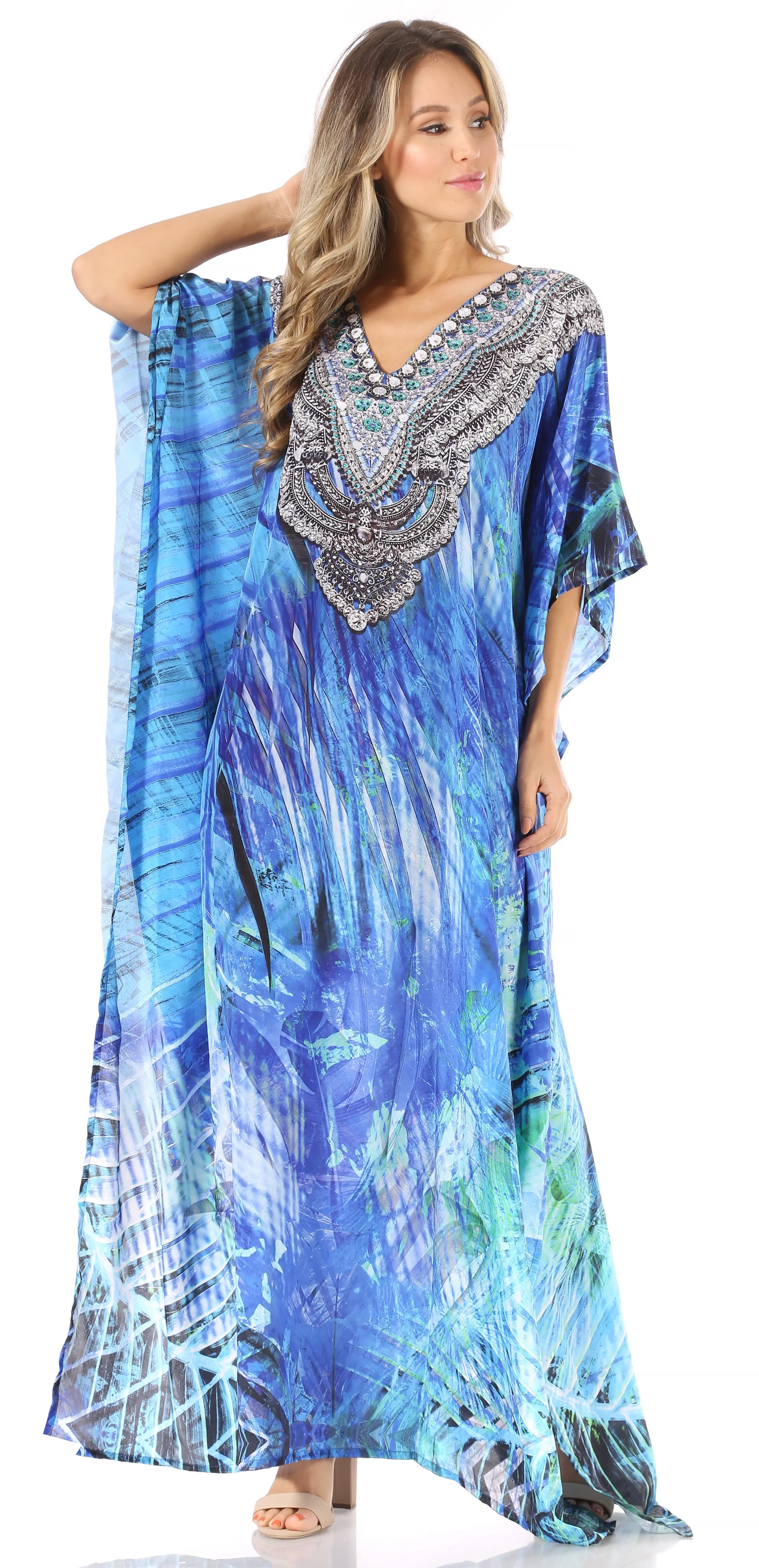 Sakkas Anahi Flowy Design V Neck Long Caftan Dress / Cover Up With Rhinestone