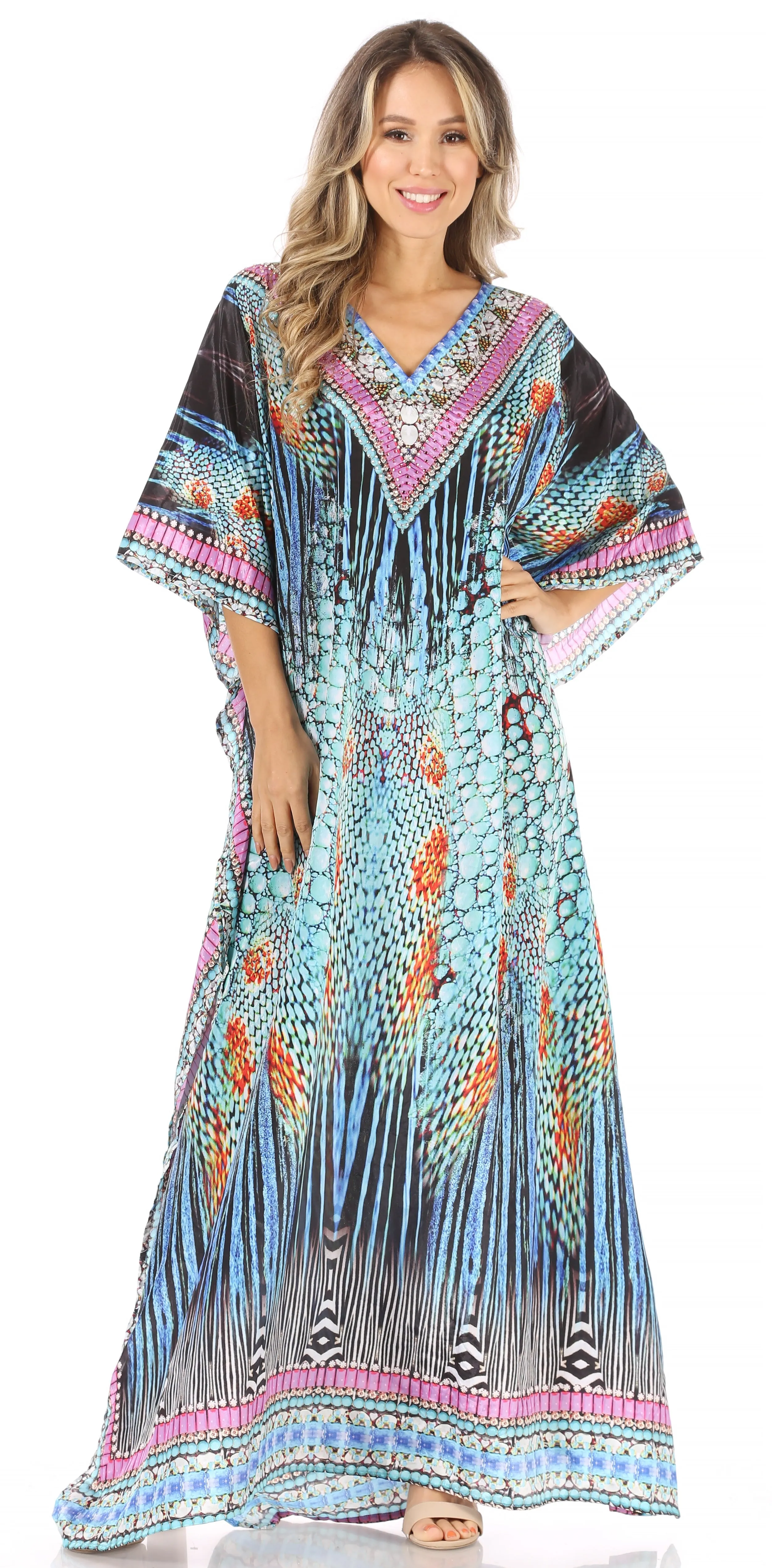 Sakkas Anahi Flowy Design V Neck Long Caftan Dress / Cover Up With Rhinestone