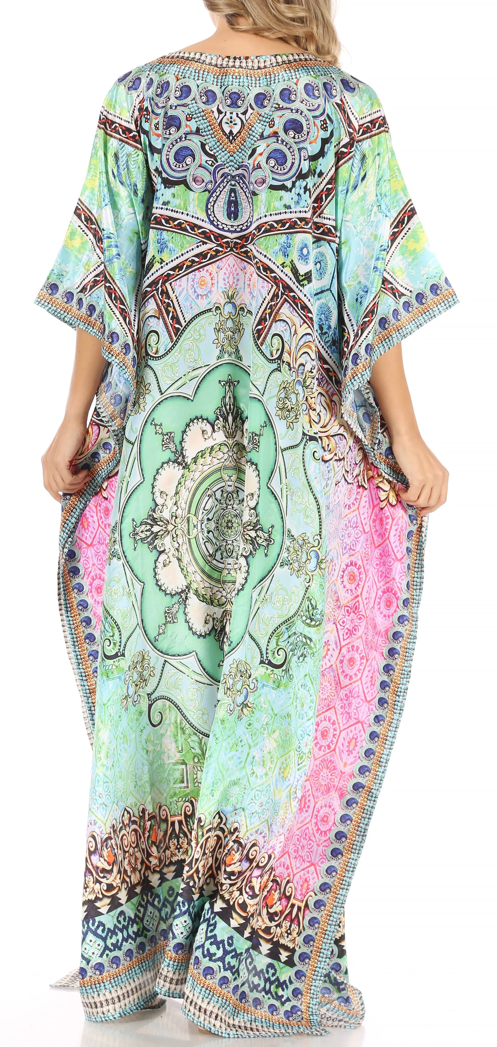 Sakkas Anahi Flowy Design V Neck Long Caftan Dress / Cover Up With Rhinestone