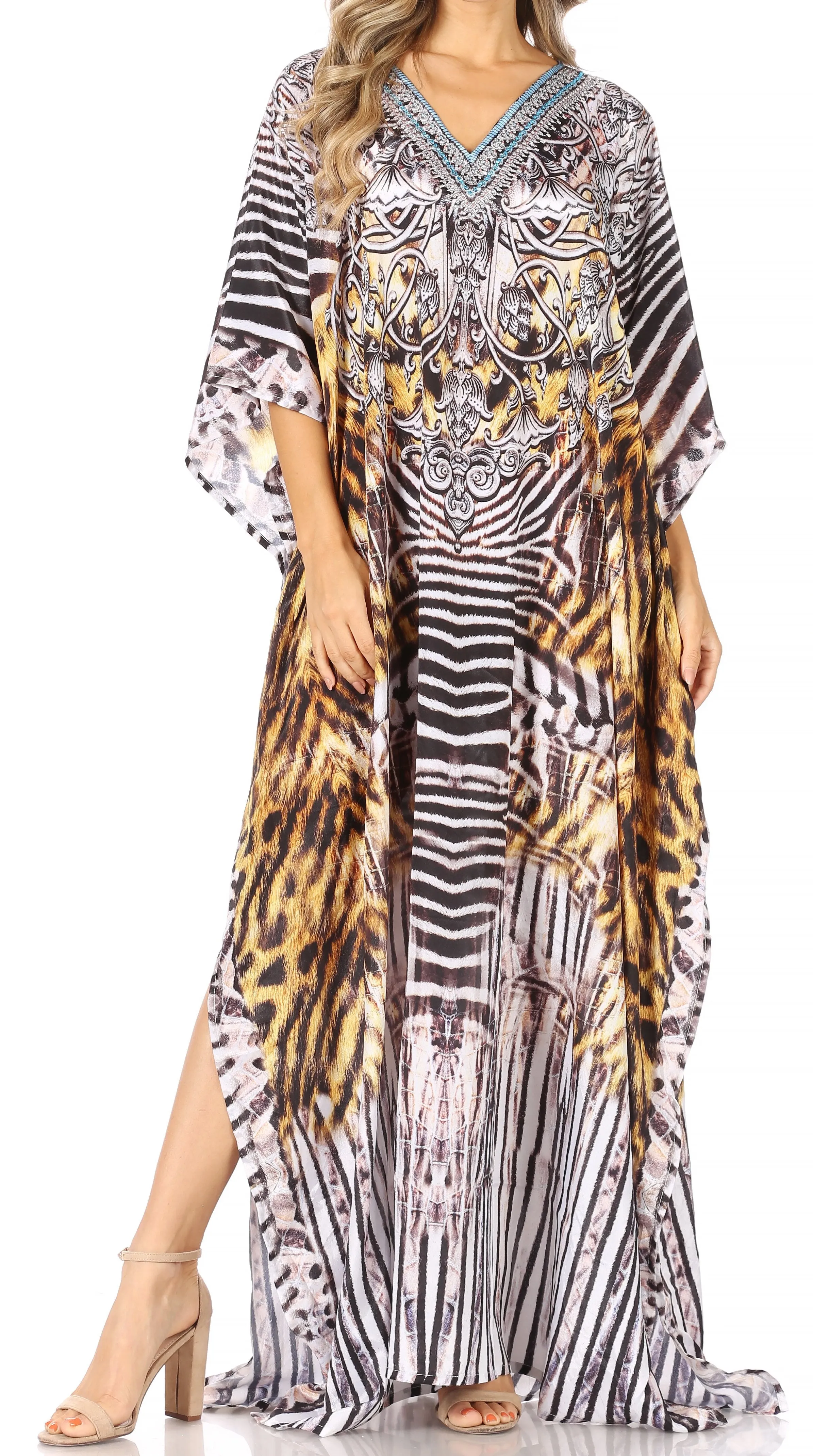 Sakkas Anahi Flowy Design V Neck Long Caftan Dress / Cover Up With Rhinestone