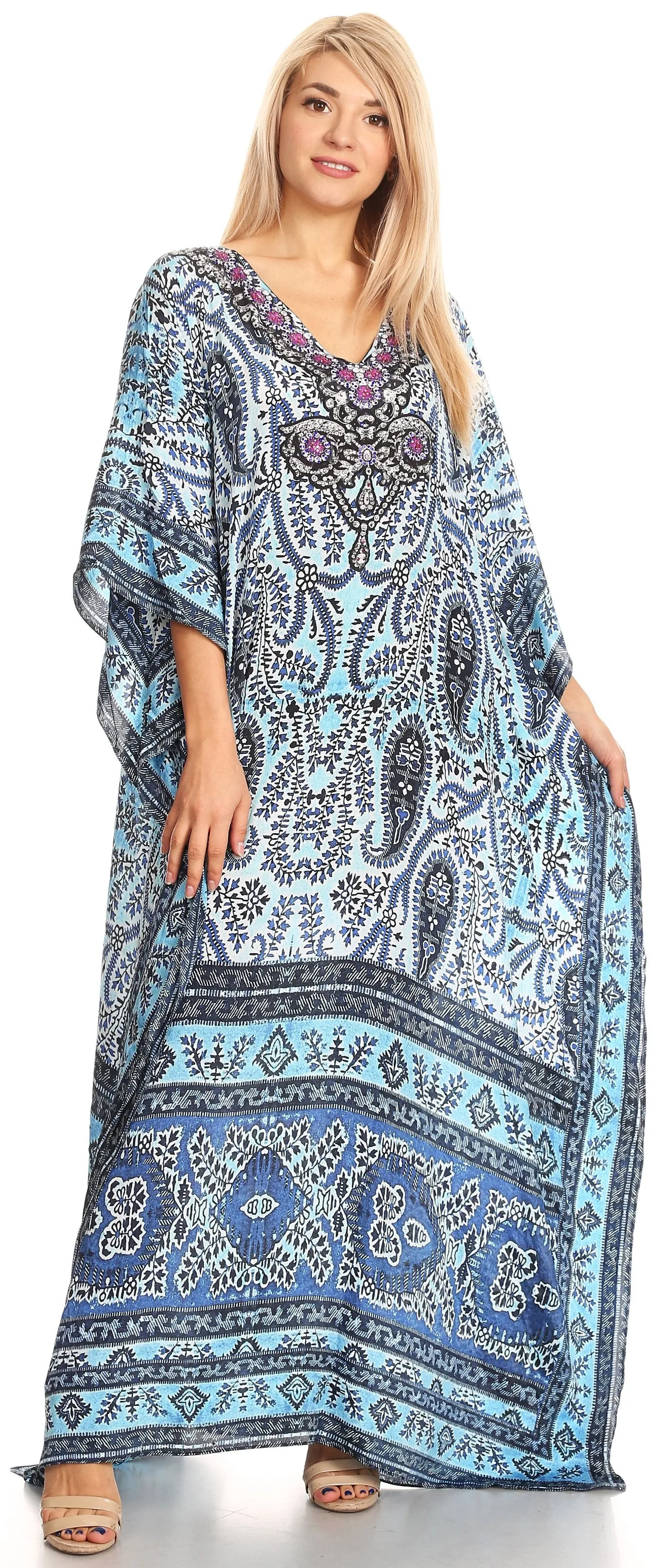 Sakkas Anahi Flowy Design V Neck Long Caftan Dress / Cover Up With Rhinestone