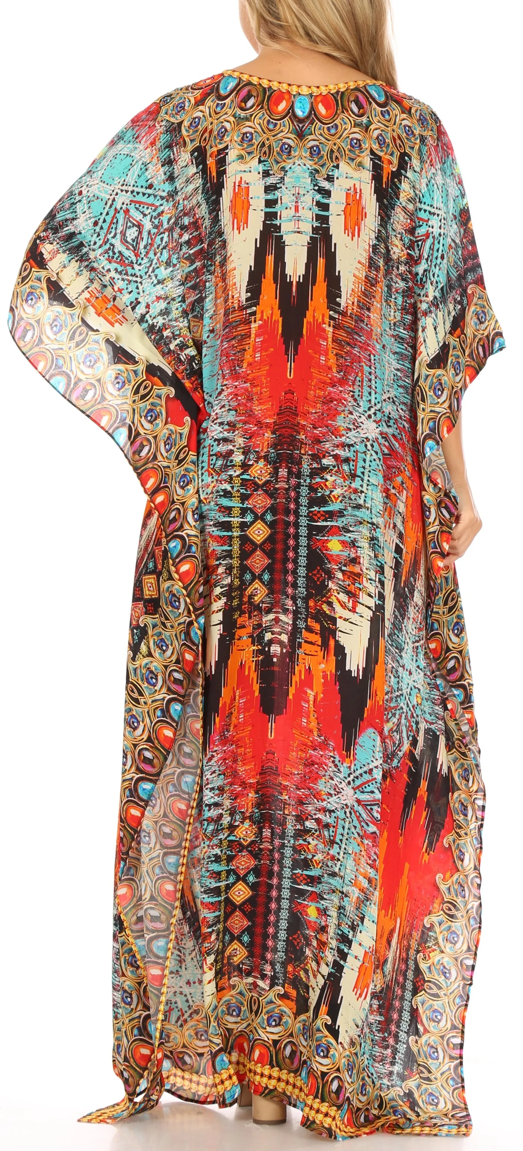 Sakkas Anahi Flowy Design V Neck Long Caftan Dress / Cover Up With Rhinestone