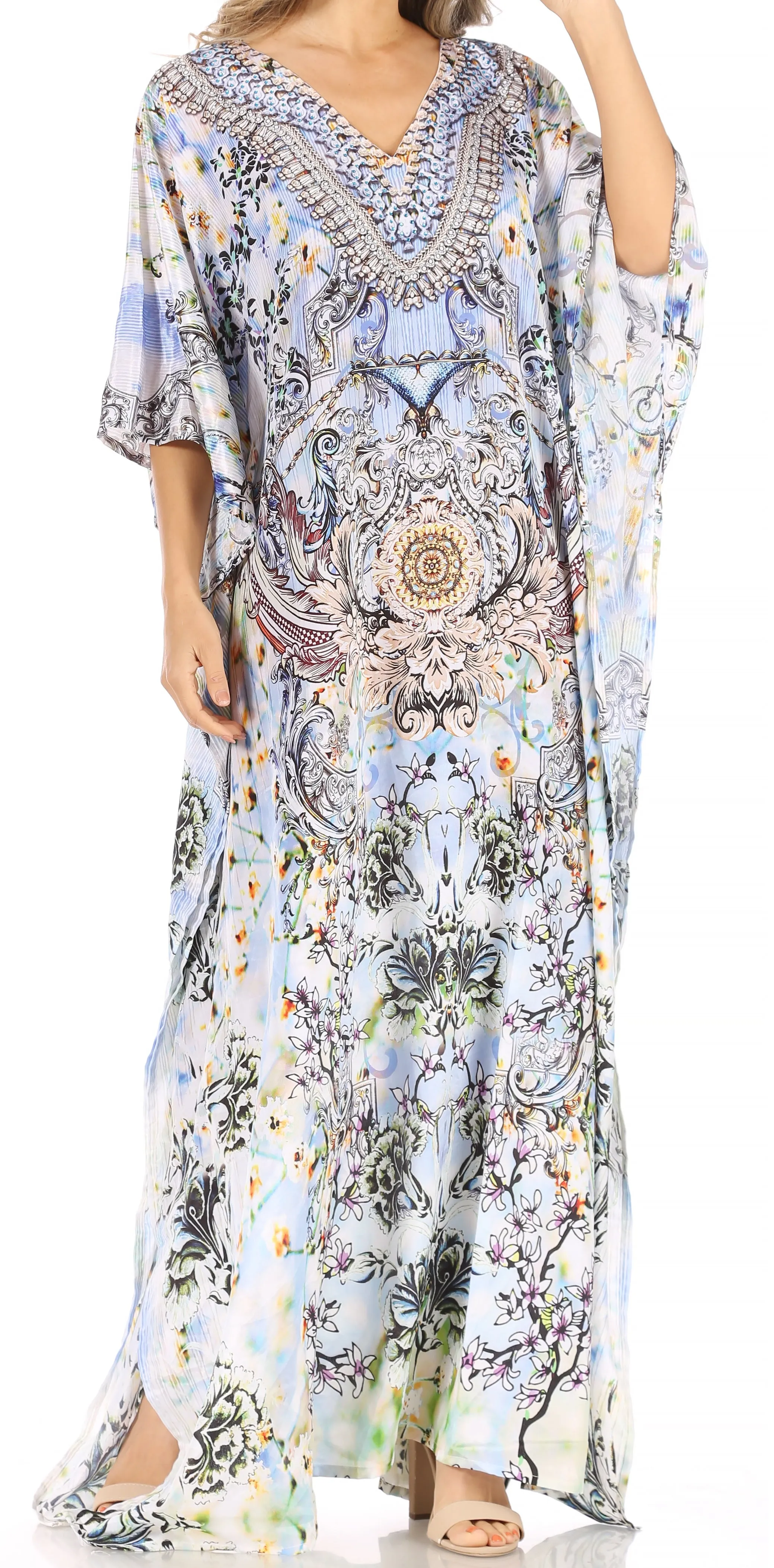 Sakkas Anahi Flowy Design V Neck Long Caftan Dress / Cover Up With Rhinestone