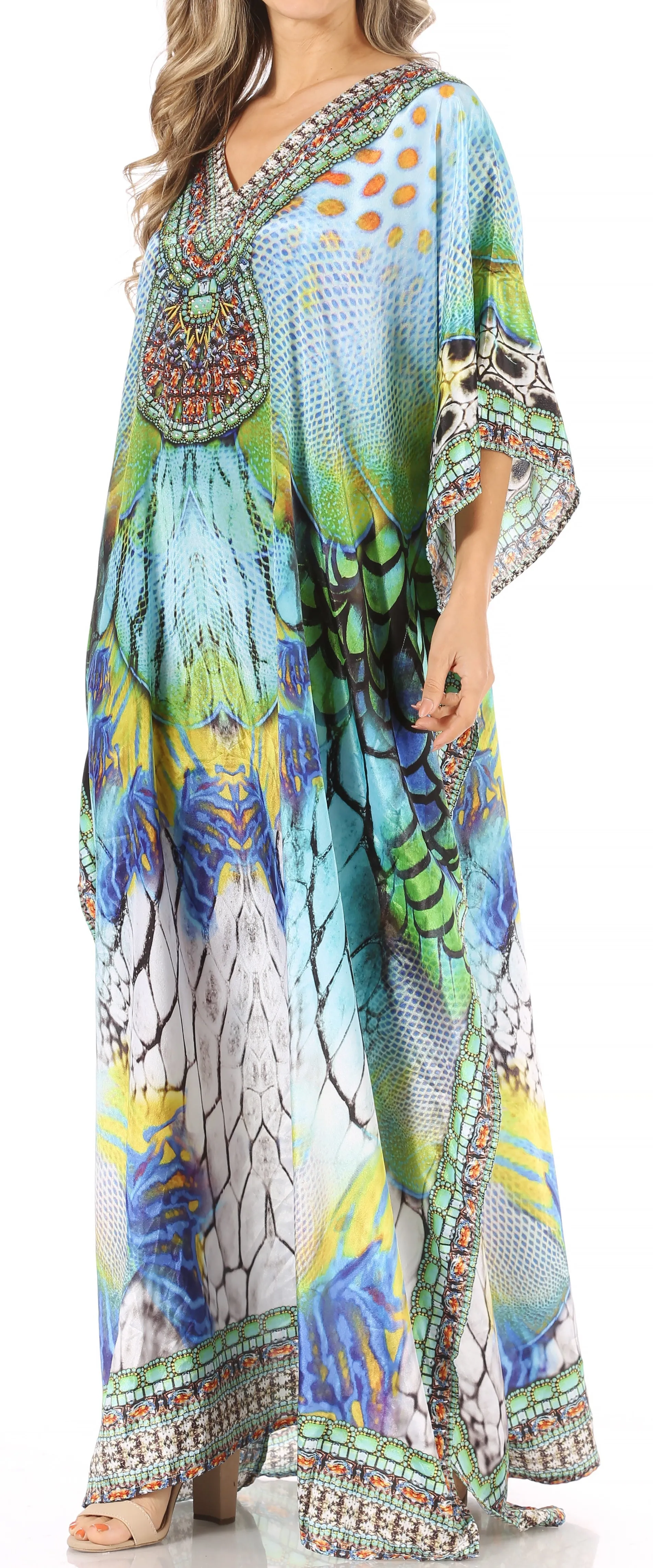 Sakkas Anahi Flowy Design V Neck Long Caftan Dress / Cover Up With Rhinestone