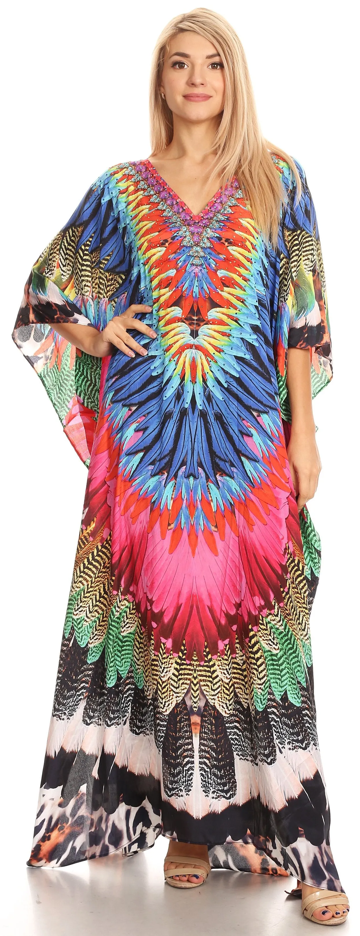 Sakkas Anahi Flowy Design V Neck Long Caftan Dress / Cover Up With Rhinestone
