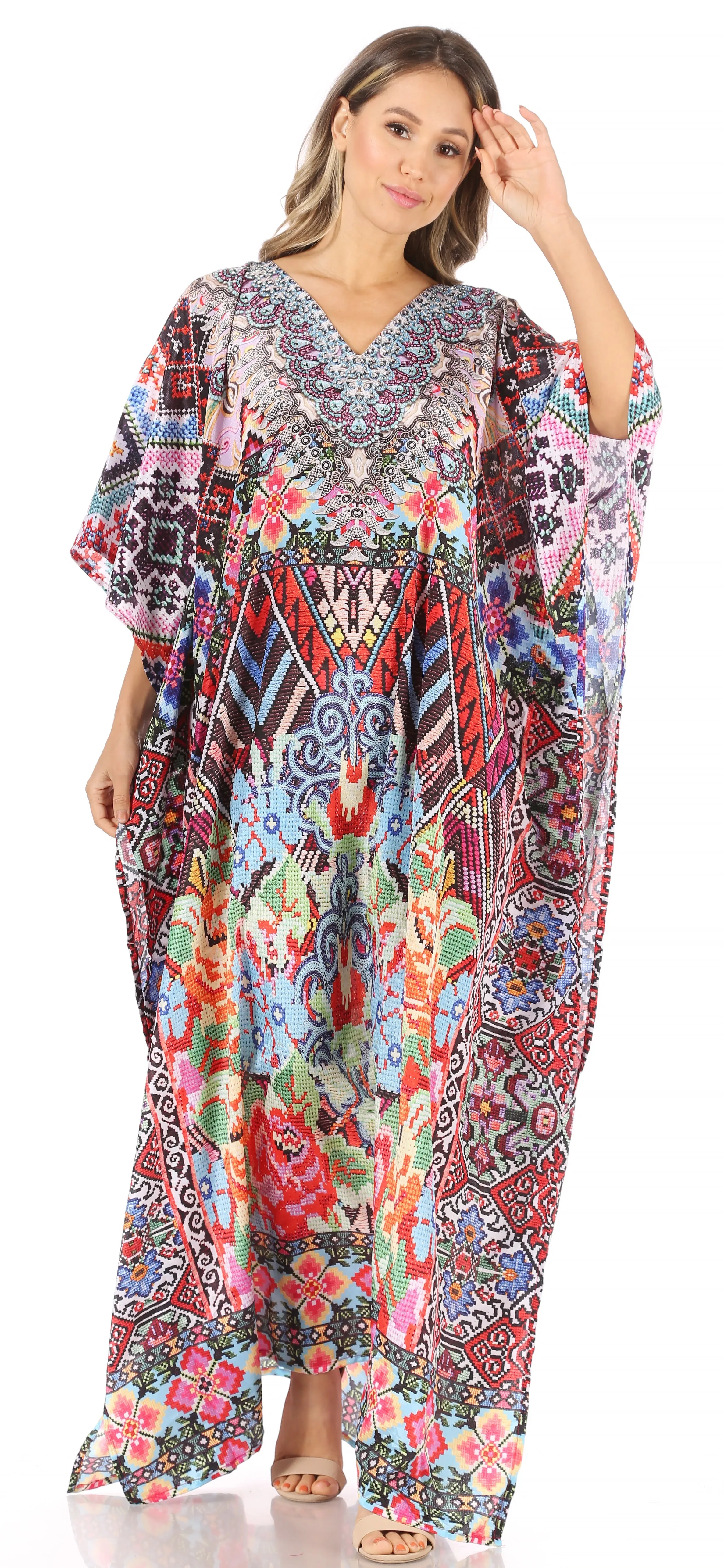 Sakkas Anahi Flowy Design V Neck Long Caftan Dress / Cover Up With Rhinestone