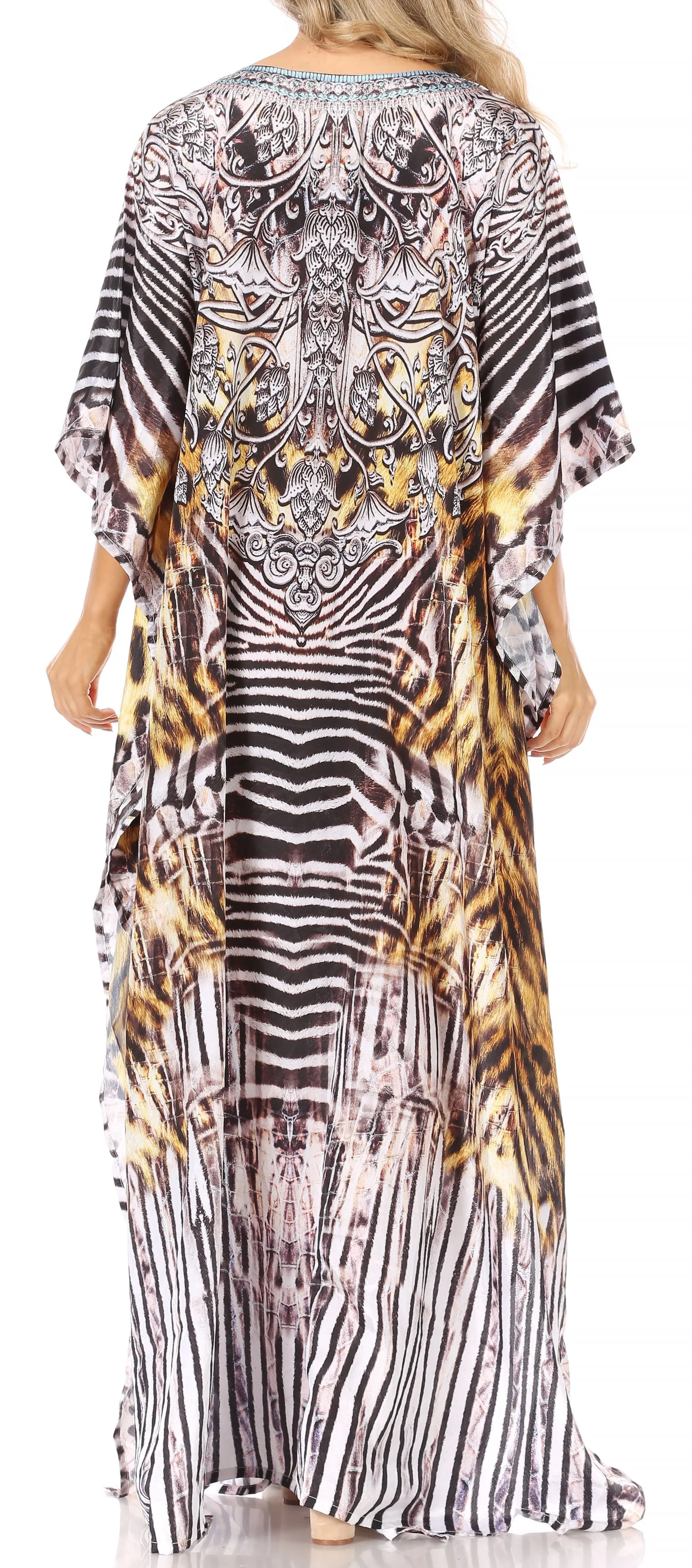 Sakkas Anahi Flowy Design V Neck Long Caftan Dress / Cover Up With Rhinestone