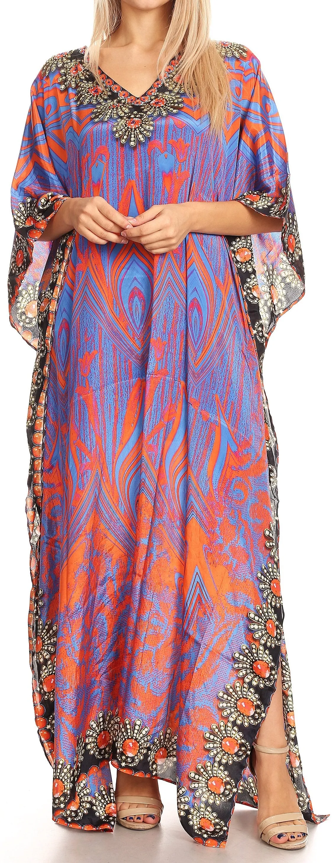 Sakkas Anahi Flowy Design V Neck Long Caftan Dress / Cover Up With Rhinestone