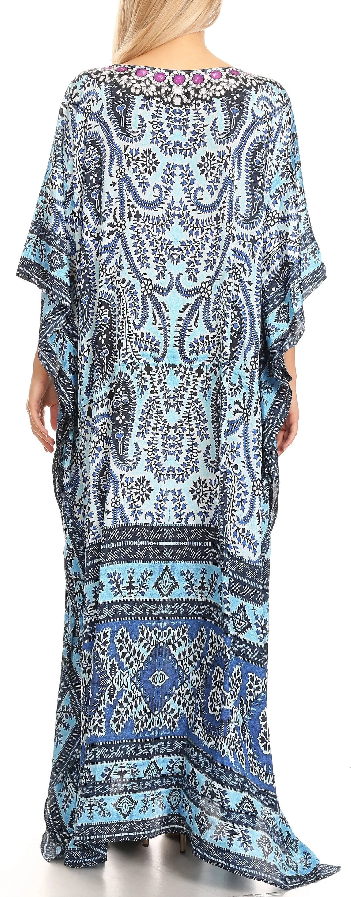 Sakkas Anahi Flowy Design V Neck Long Caftan Dress / Cover Up With Rhinestone