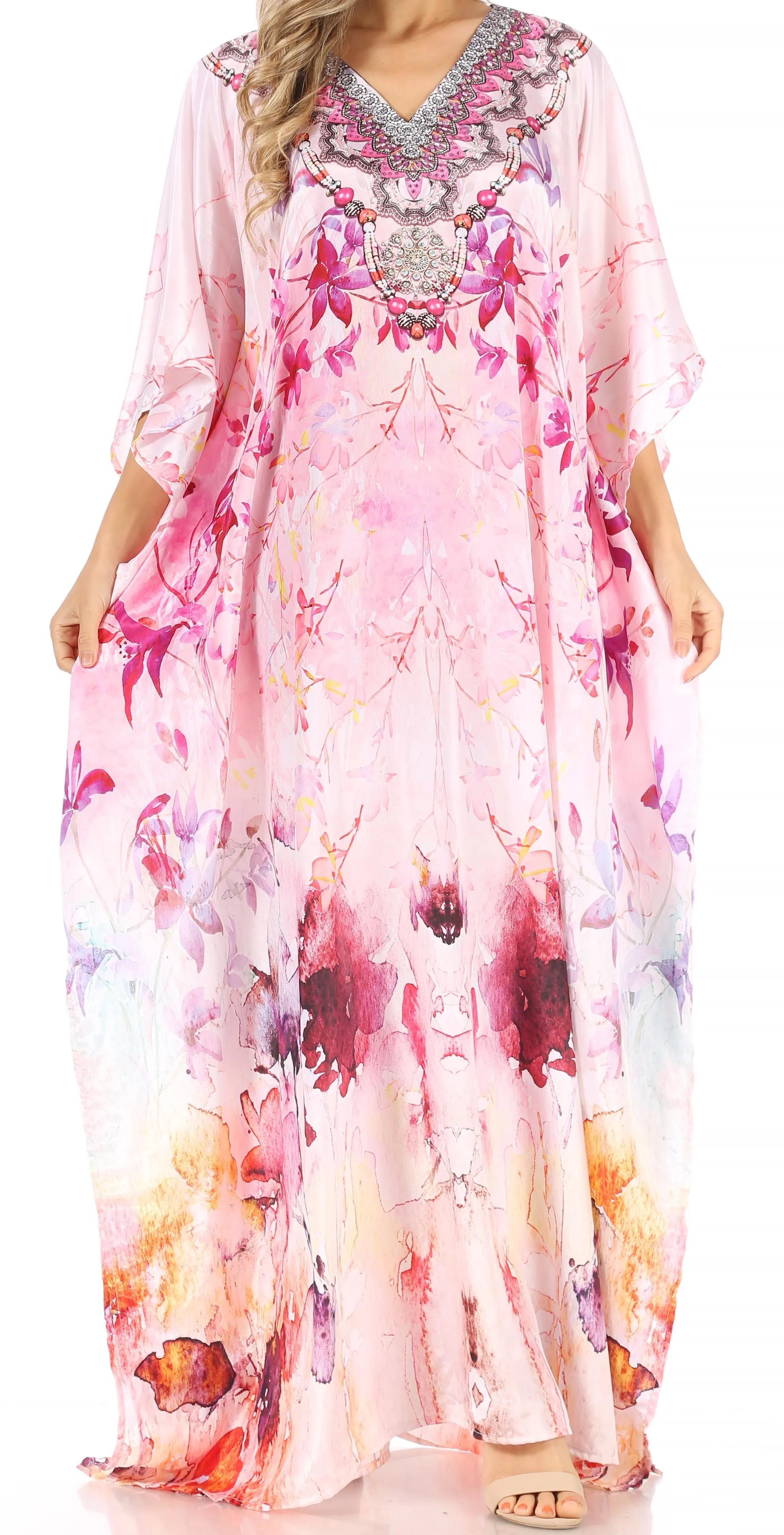 Sakkas Anahi Flowy Design V Neck Long Caftan Dress / Cover Up With Rhinestone