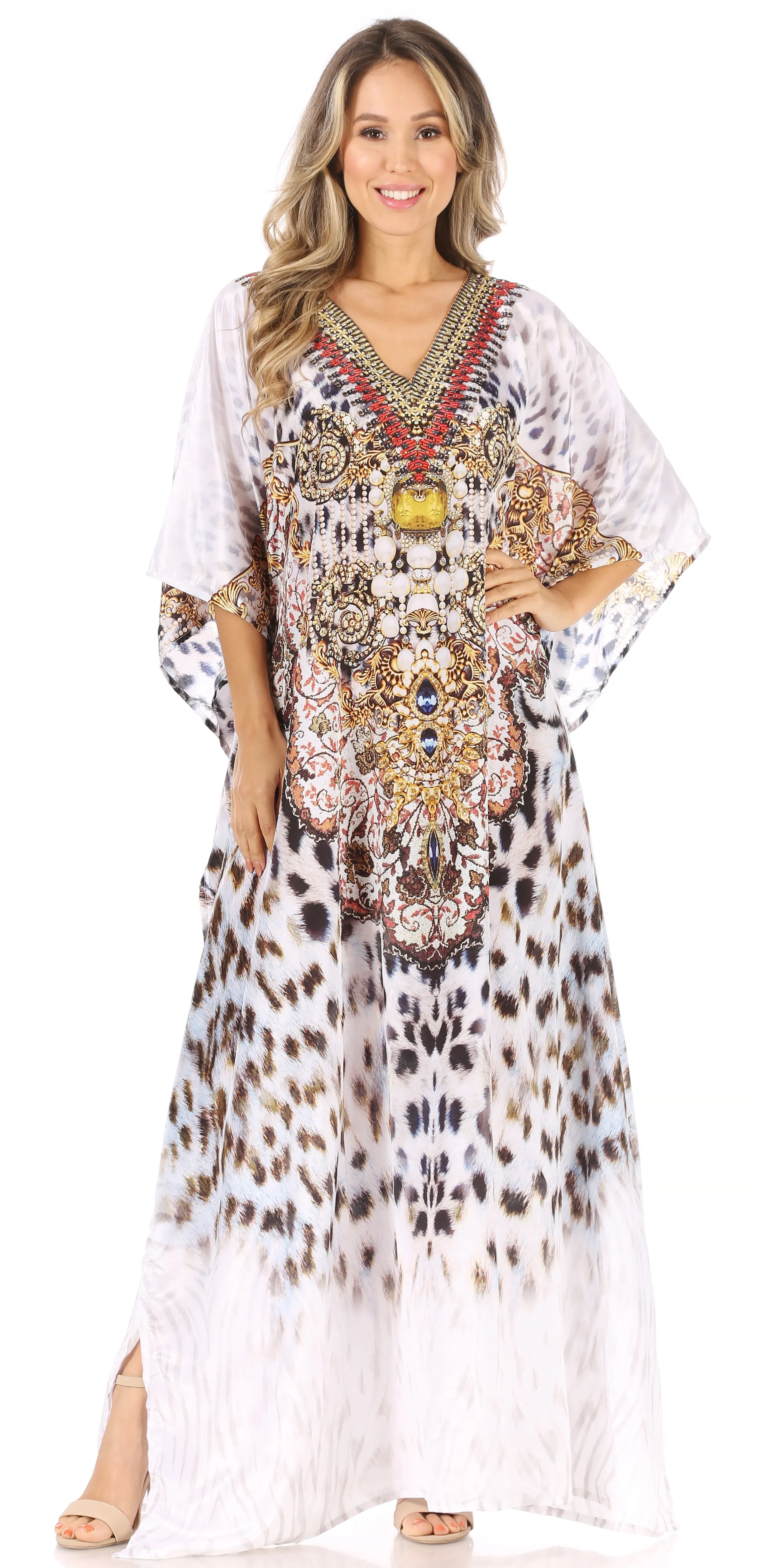 Sakkas Anahi Flowy Design V Neck Long Caftan Dress / Cover Up With Rhinestone