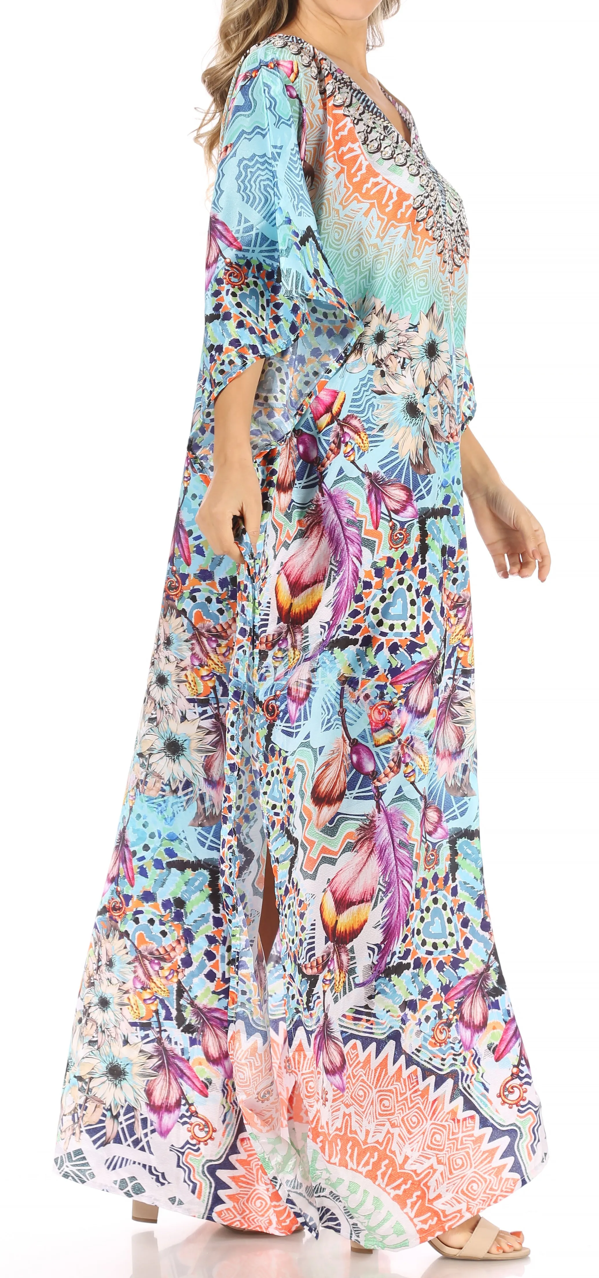 Sakkas Anahi Flowy Design V Neck Long Caftan Dress / Cover Up With Rhinestone