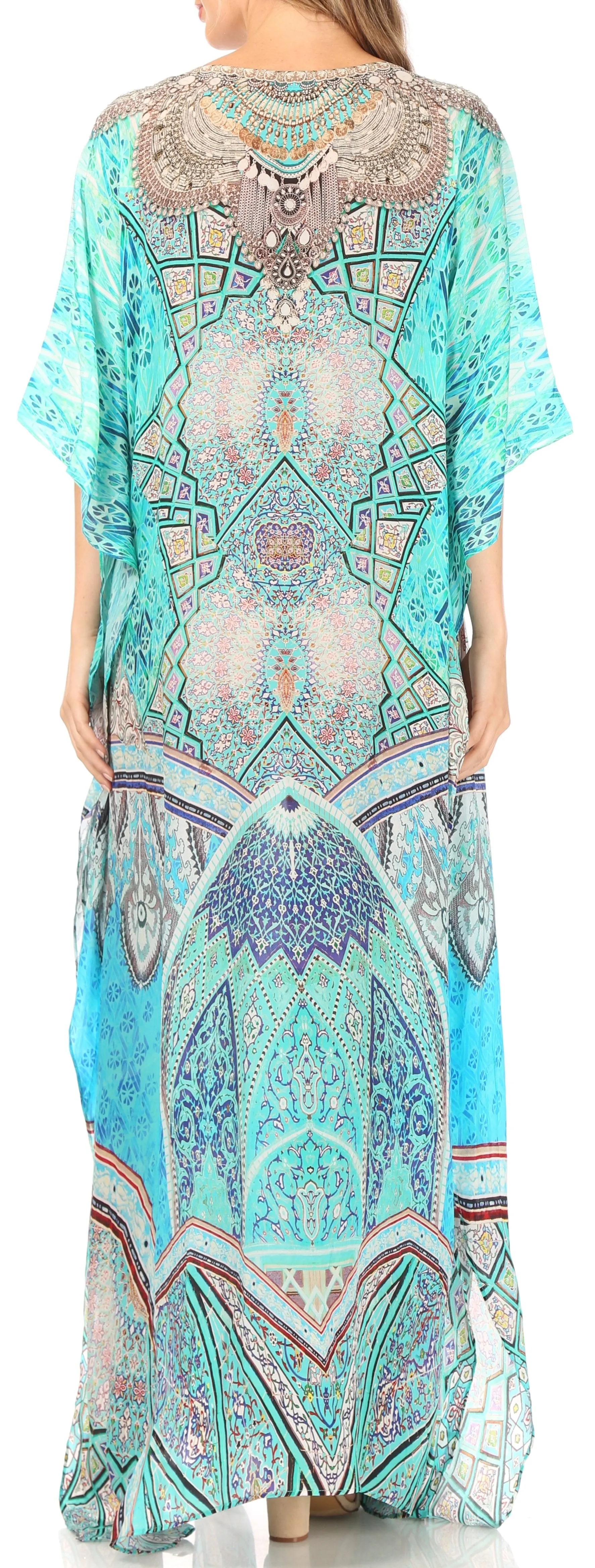 Sakkas Anahi Flowy Design V Neck Long Caftan Dress / Cover Up With Rhinestone