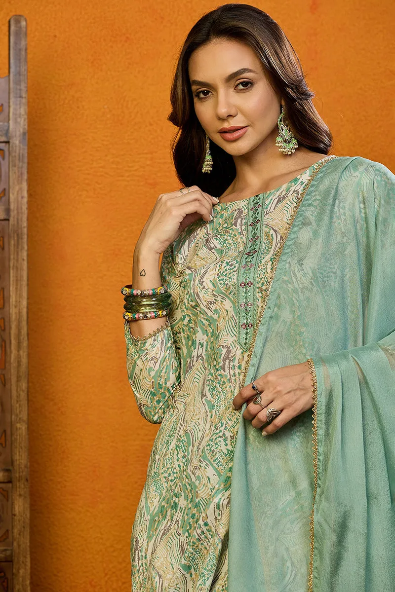 Sea Green Pure Cotton Abstract Printed Straight Suit Set