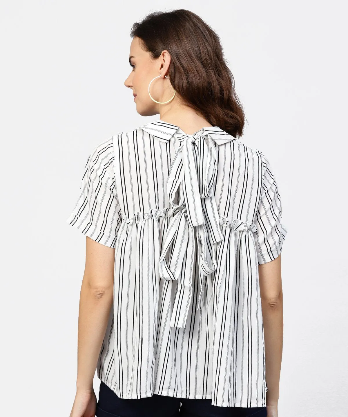 Striped Printed Short-Shirt Collar And Elbow Sleeves A-Lined Top