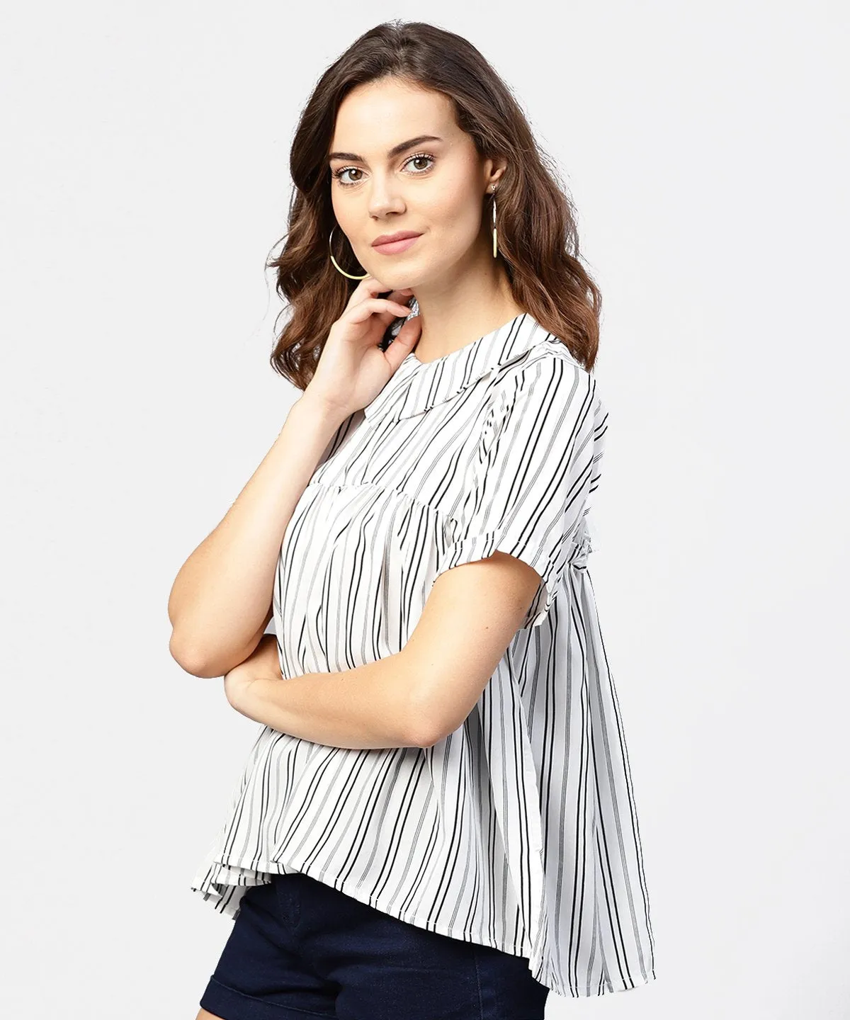 Striped Printed Short-Shirt Collar And Elbow Sleeves A-Lined Top