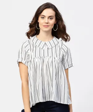 Striped Printed Short-Shirt Collar And Elbow Sleeves A-Lined Top