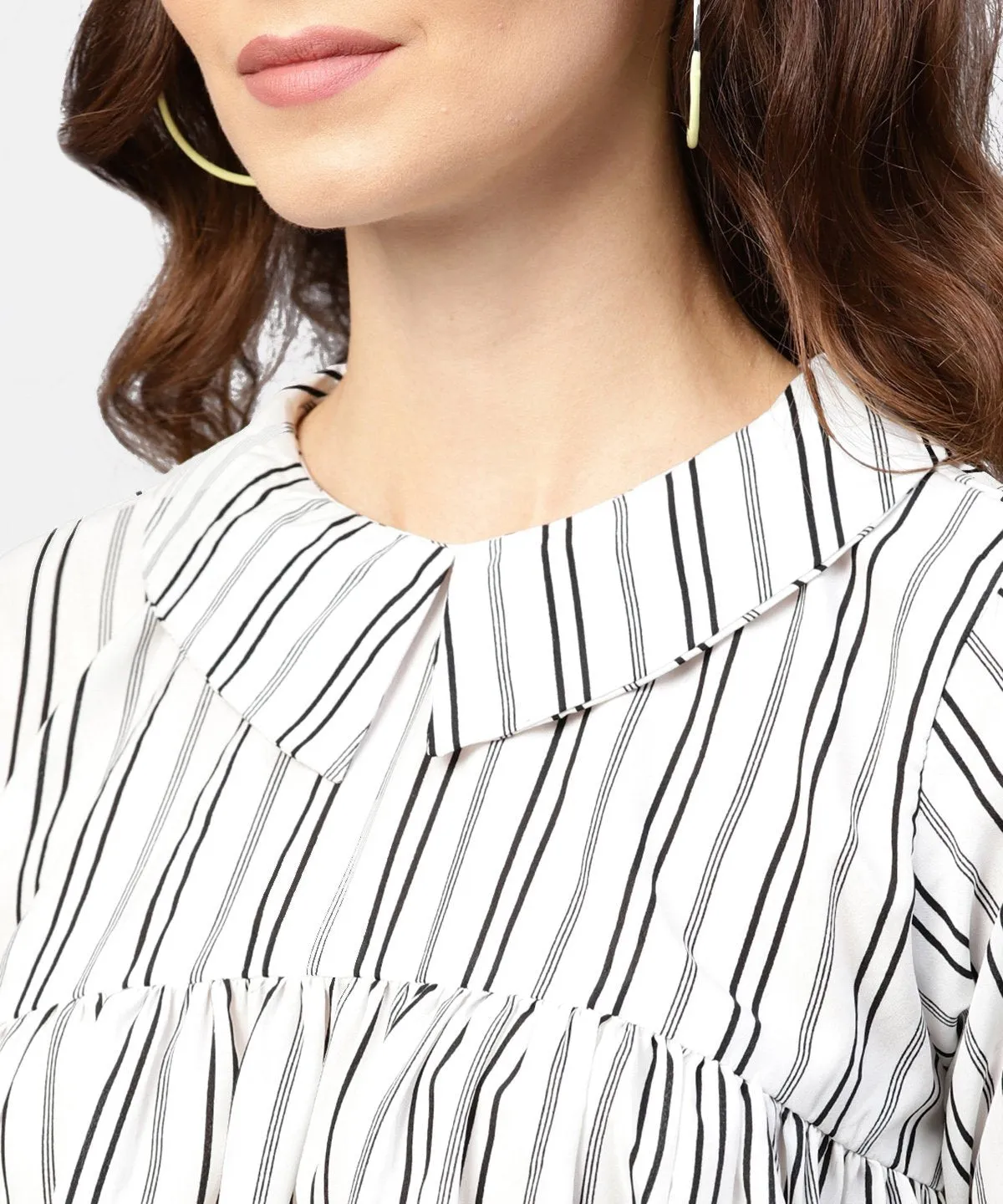 Striped Printed Short-Shirt Collar And Elbow Sleeves A-Lined Top