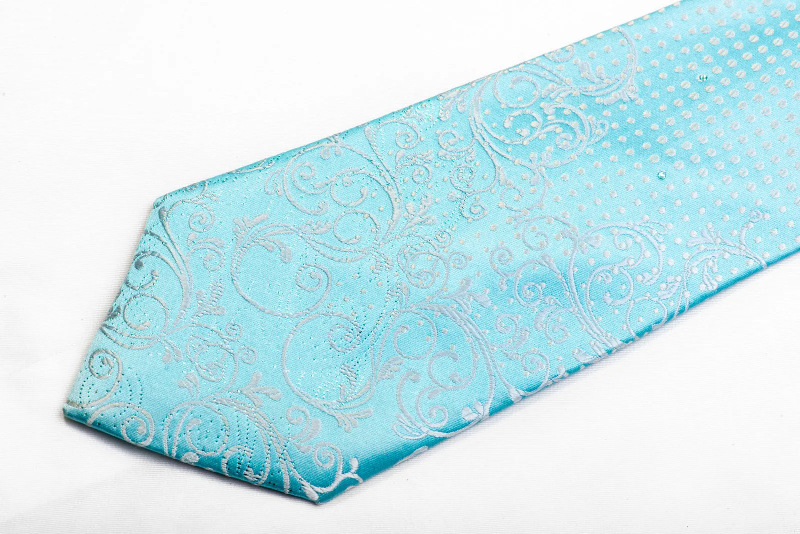 Vito Rufolo Crystal Rhinestone Silk Tie Silver Blue Scrolls On Pale Blue