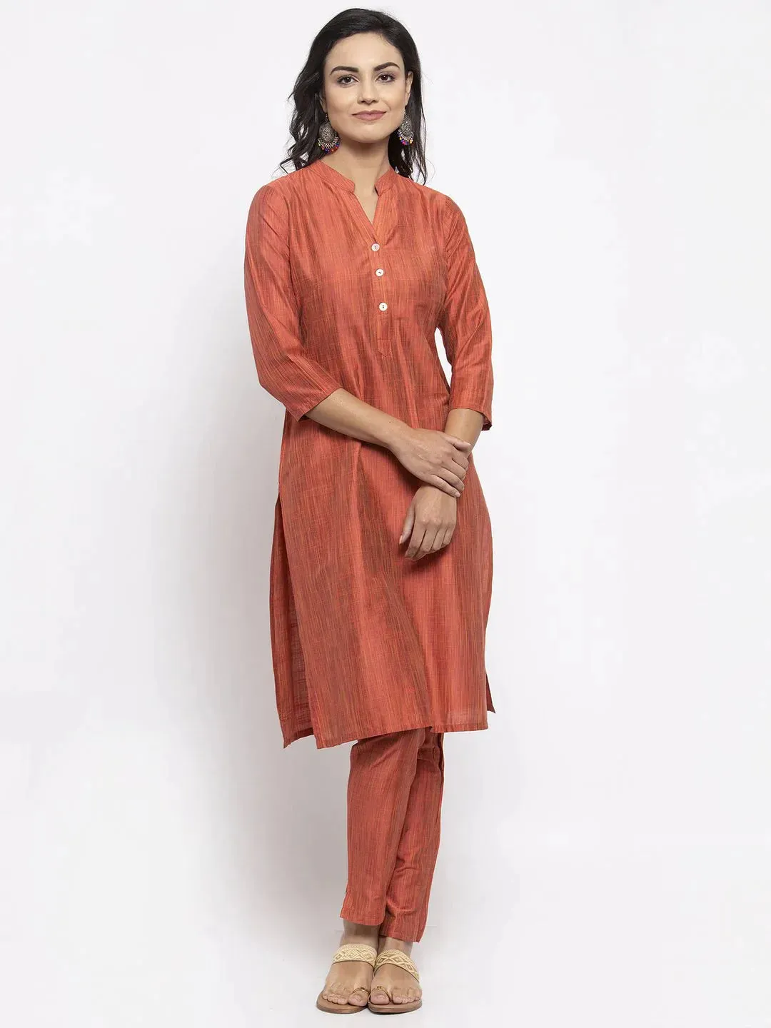 Women Orange Self-Striped Kurta With Trousers & Floal Georgette Dupatta