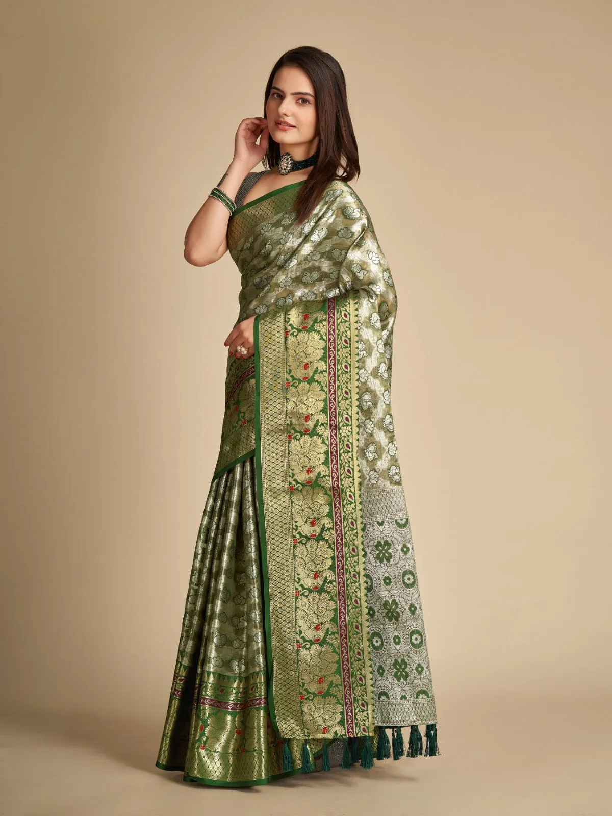Women Party Wear Pure Tissue Silk Saree with Un-Stitched Blouse