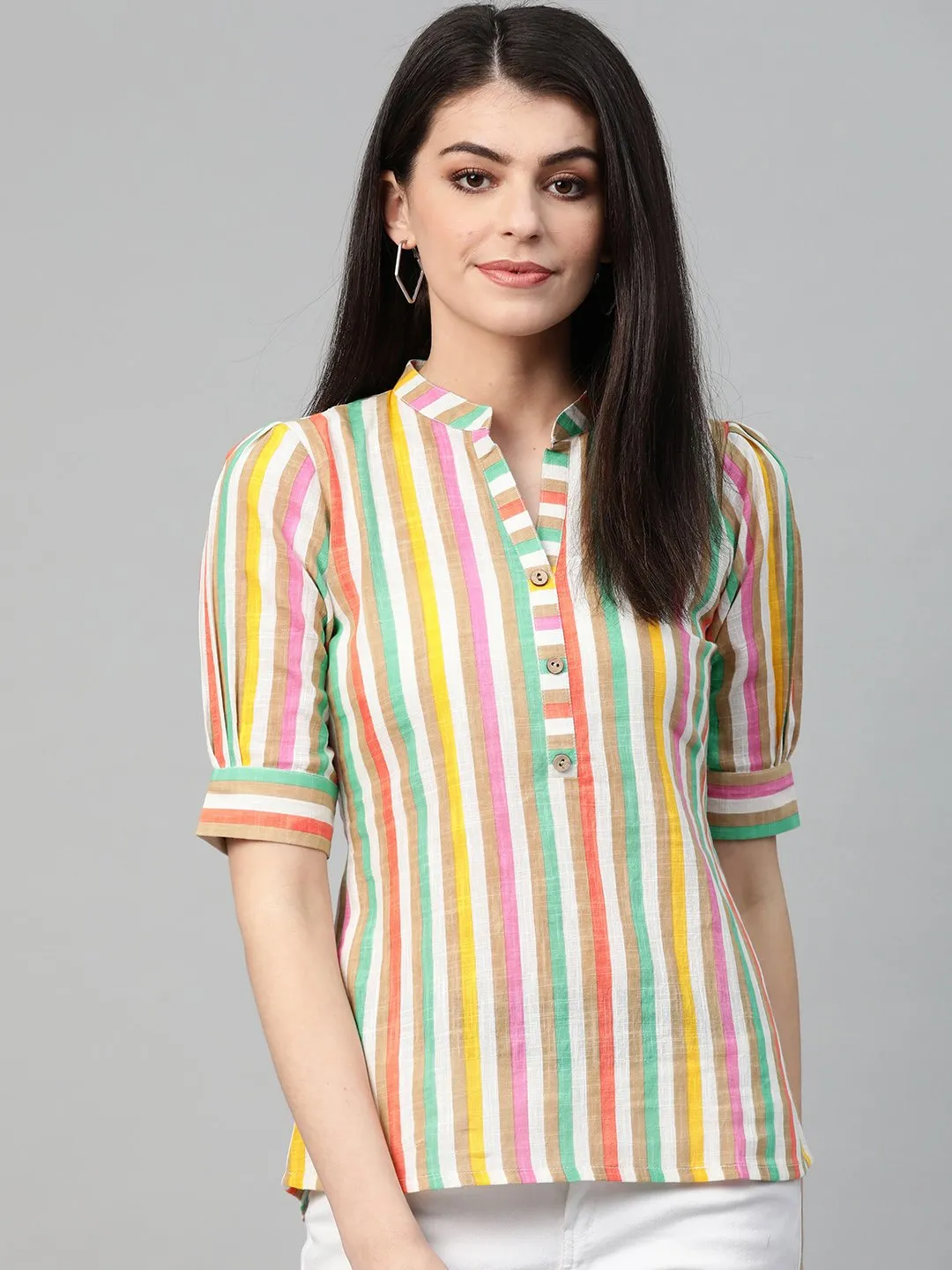Women White & Multi Regular Striped Top