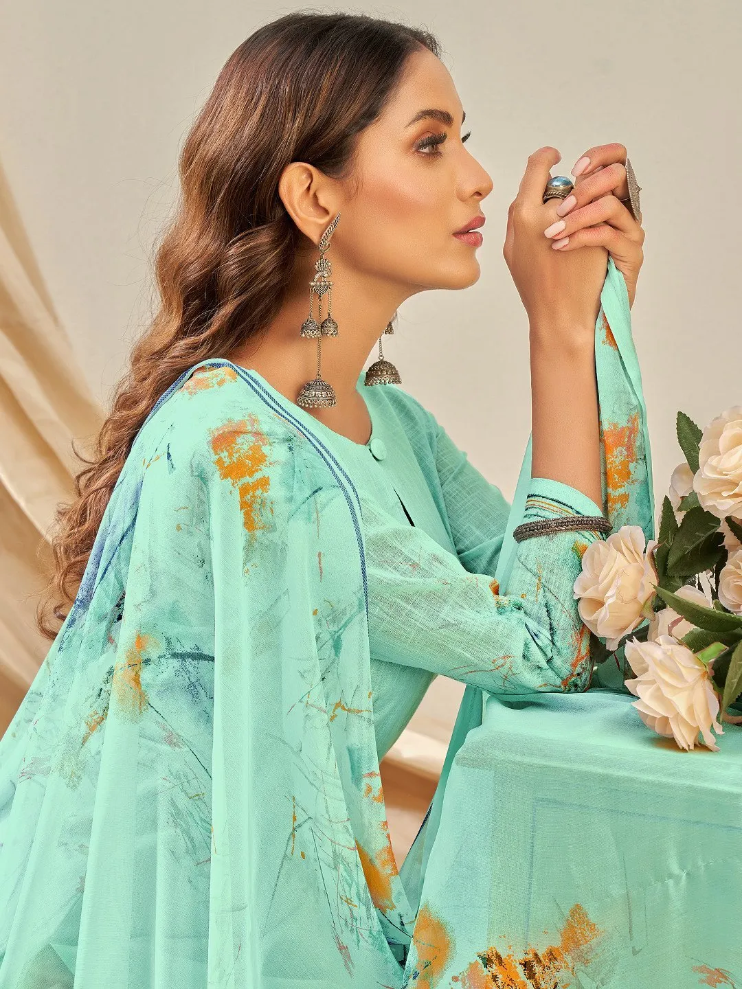 Women's Cotton Linen Green Unstitched Suit With Chiffon Dupatta